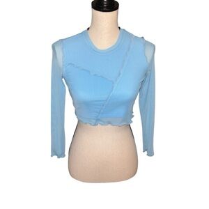 NEW LOVE FIRE Sheer Mesh 3/4 Sleeve Raw Hem Crop Top XS/S Electric Blue Boho